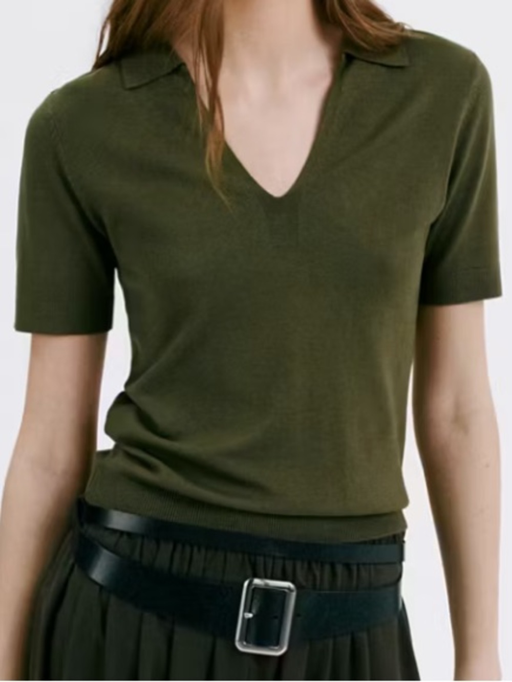 Mango Olive Knit Short Sleeve Polo V-Neck Top FITTED FINE-KNIT POLO 1376